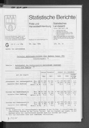 Deutscher Außenhandelsverkehr über Hamburg Januar 1984 (Generalhandel) : Lfd. Nr. 34