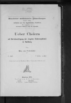 Ueber Cholera : mit Berücksichtigung der jüngsten Choleraepidemie in Hamburg