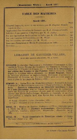 Table des matières. Avril 1887.