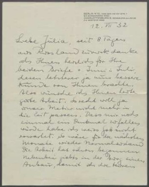 Brief von Georg Kolbe an Julia Hauff