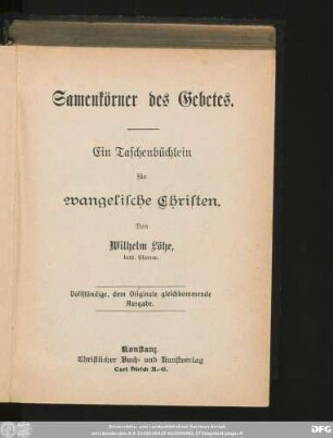 Samenkörner des Gebetes : Ein Taschenbüchlein für evangelische Christen