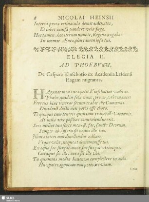 Elegia II. Ad Phoebum, De Caspare Kinschotio ex Academia Leidensi Hagam migrante