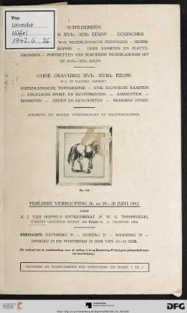 Catalogus van schilderijen, teekeningen, gouaches, oude gravures, oude kaarten en plattegronden, portretten, sport- en jachtprenten : verkooping 26., 29. en 30 juni 1942