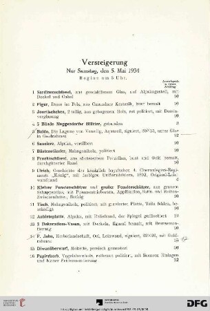 Versteigerung nur Samstag, den 5. Mai 1934. Beginn um 3 Uhr (Nr. 1-220)