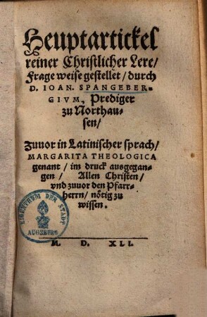 Heubtartickel reiner Christlicher lere