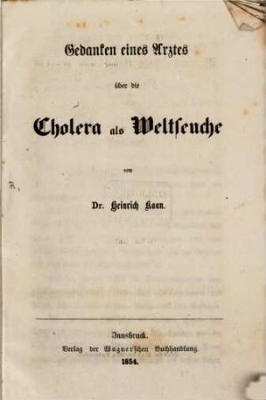 Gedanken eines Arztes über die Cholera als Weltseuche