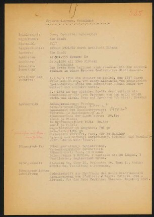 Stadttheater großes Haus, Teplice: Schriftstück zum Fragebogen für das Handbuch »Das Deutsche Theater«
