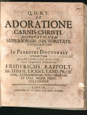 De adoratione carnis Christi disputationem