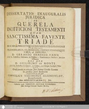 Dissertatio Inauguralis Juridica De Querela Inofficiosi Testamenti