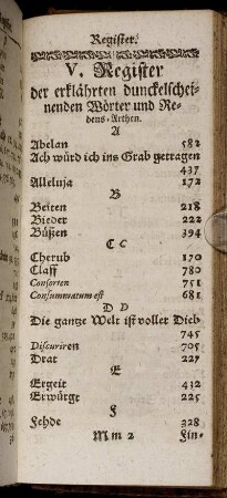 V. Register der erklährten dunckelscheinenden Wörter und Redens-Arthen.