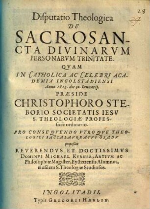 Disputatio Theologica De Sacrosancta Divinarvm Personarvm Trinitate