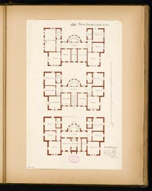 Rathaus, Calau Monatskonkurrenz März 1879: Variante II: Grundriss Keller, Erdgeschoss, Obergeschoss; Maßstabsleiste