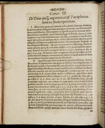 Caput III. De Dotis ejusq augmenti, ut & Paraphernalium ex feudo repetitione.