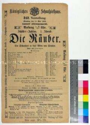 Programm des Königlichen Schauspielhauses Dresden für die Aufführung von "Die Räuber" am 16. Mai 1909