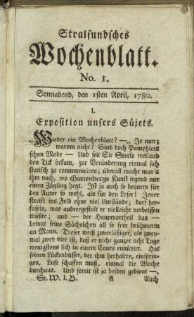 No. 1. Sonnabend, den 1sten April, 1780.