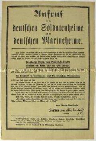 Aufruf des Roten Kreuzes zur Unterstützung der deutschen Soldaten- und Marineheime