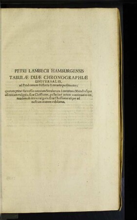 Petri Lambecii Hamburgensis Tabulae Duae Chronographiae Universalis