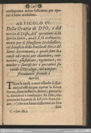 Articolo IV. Della Gratia di Dio ...