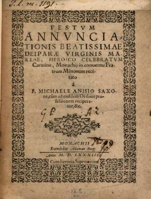 Festvm Annvnciationis Beatissimae Deiparae Virginis Mariae, Heroico Celebratvm Carmine