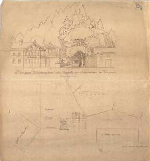 Thiersch, August ; Königsee (Bayern); Wiederaufbau der Kapelle am Löwenstein, Projekt - Lageplan, Ansicht