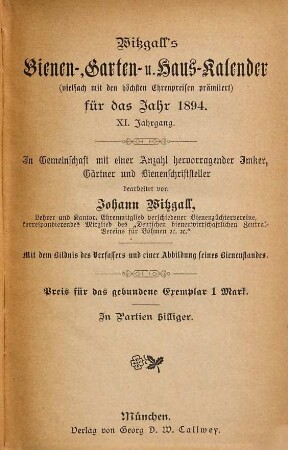 Witzgall's Bienen-, Garten- und Hauskalender : für das Jahr .... 11. 1894