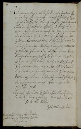 Abschriftliche Benachrichtigung über die Bitte des Buchhändlers Cuno um Bestellung als Auktionator [Anlage fehlt].