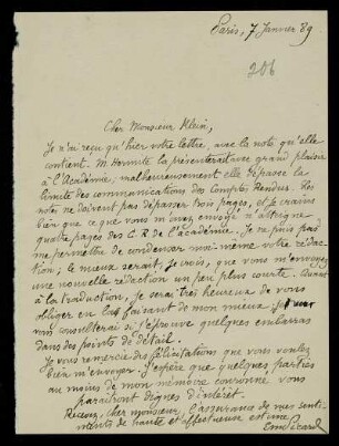 Nr. 3: Brief von Emile Picard an Felix Klein, Paris, 7.1.1889