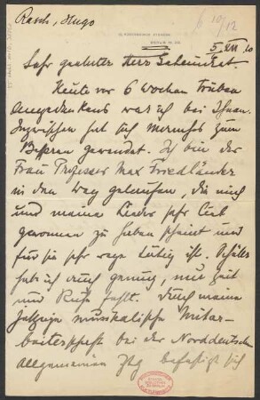 Brief an Ludwig Strecker (senior) und B. Schott's Söhne : 05.12.1910