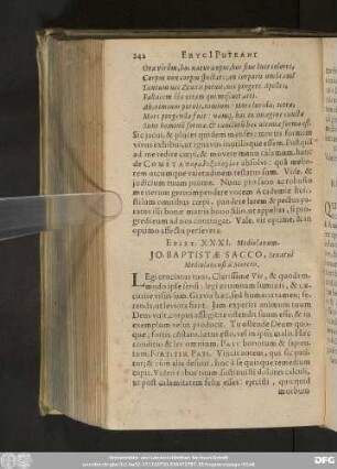 Epist. XXXI. Mediolanum. Io. Baptistae Sacco, Senatui Mediolanensi à Secretis.
