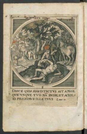 Kupferstich: Gleichnis vom barmherzigen Samariter (Lc 10, 25-37) mit Distichon