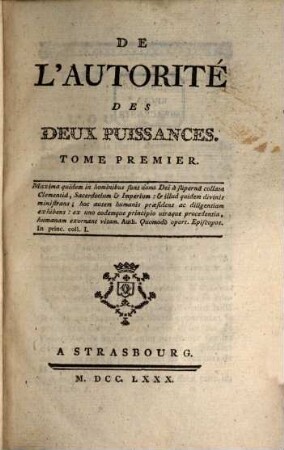 De L'Autorité Des Deux Puissances, 1