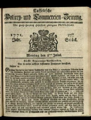 27tes Stueck, Montag den 8ten Julius 1771