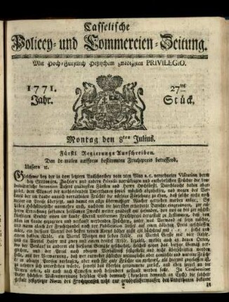 27tes Stueck, Montag den 8ten Julius 1771