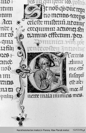Missale Romanum : Textseite mit historisierter Initiale E: Heiliger und ornamentierter Initiale S