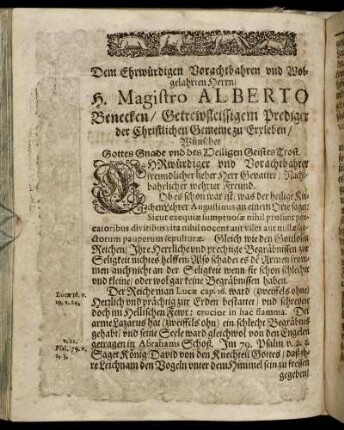 Dem Ehrwürdigen Vorachtbahren und Wolgelahrten Herrn H. Magistro Alberto Benecken [...]