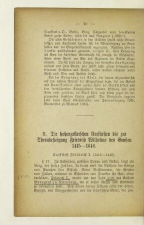 II. Die hohenzollerschen Kurfürsten bis zur Thronbesteigung Friedrich Wilhelm des Großen 1415-1640
