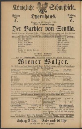 [Theaterzettel] : Freitag, den 12. September 1892. 178ste Vorstellung