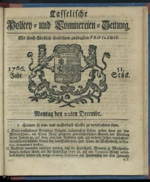 51. Stueck, Montag den 22ten Decembr. 1766