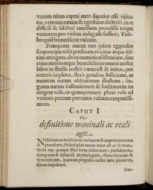 Caput I De definitione nominali ac reali agit.