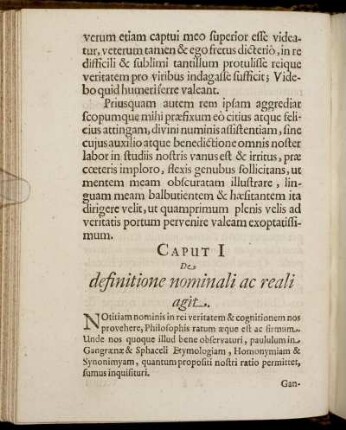 Caput I De definitione nominali ac reali agit.