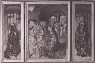 Maria mit Kind und musizierenden Engeln : Brüsseler Schule: Maria mit Kind und musizierenden Engeln (Triptychon), linker Flügel mit heiliger Katharina, rechter Flügel mit heiliger Barbara. Aachen: Suermondt-Ludwig-Museum 74