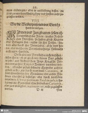 VIII. Wie die Weibespersonen vor Gericht handeln mögen