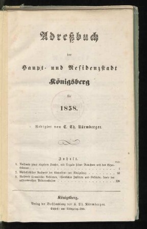 1858: Adreßbuch der Haupt- und Residenzstadt Königsberg i. Pr. und der Vororte