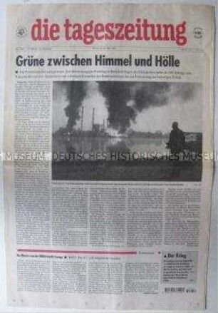 Fragment der "tageszeitung" u.a. zum Parteitag der Grünen und über den Krieg in Jugoslawien und dem Parteitag der Grünen
