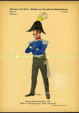 Uniformdarstellung, Offizier des Husaren-Regiments "Königin", Königreich Hannover, 1840.