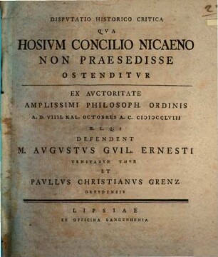 Disp. hist. crit. qua Hosium concilio Nicaeno non praesedisse ostenditur