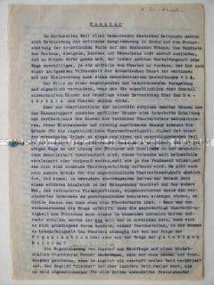 Maschinenschriftliches Manuskript eines Aufsatzes von Wilhelm Schürmann über die Rolle des Theaters