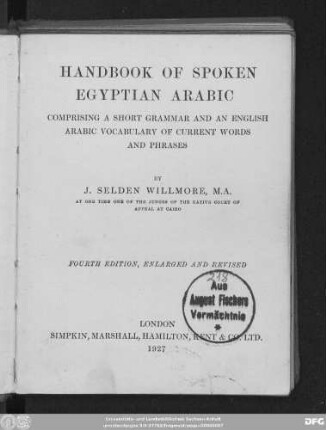 Handbook of spoken Egyptian Arabic : comprising a short grammar and an English Arabic vocabulary of current words and phrases