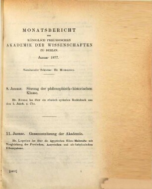 Monatsbericht der Königlich Preussischen Akademie der Wissenschaften zu Berlin. 1877