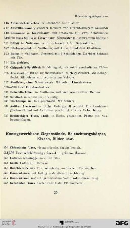 Kunstgewerbliche Gegenstände, Beleuchtungskörper, Kissen, Bilder usw. (Nr. 550-744)
